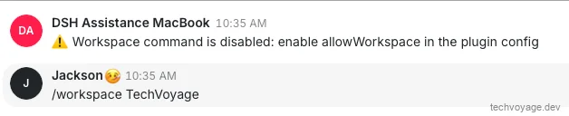 Error notification showing workspace command rejected when allowWorkspace is disabled