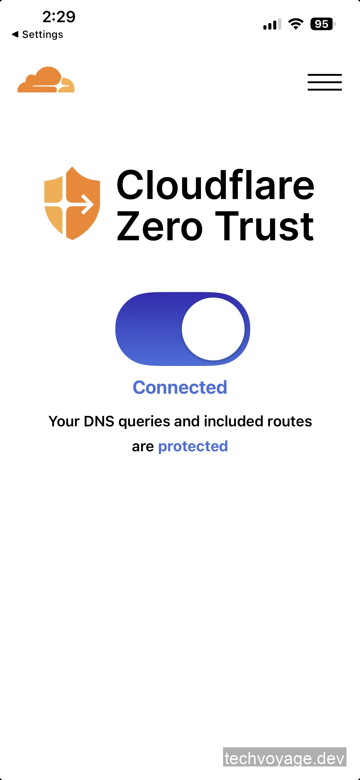 Cloudflare One app showing connected status on iOS mobile device