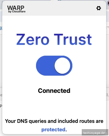 Desktop Cloudflare WARP client confirming active connection to Zero Trust private network