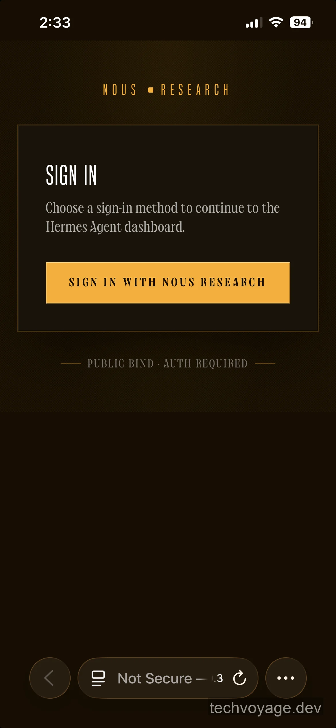 Accessing Hermes Agent Web Dashboard interface on mobile phone browser