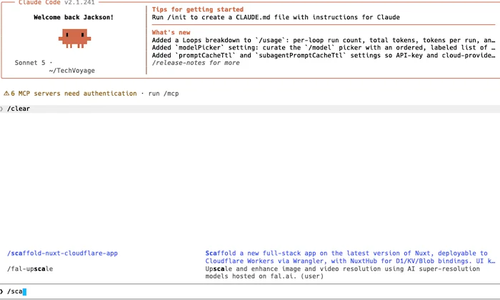 Claude Code command line interface showing the newly installed scaffold-nuxt slash command active and ready for use