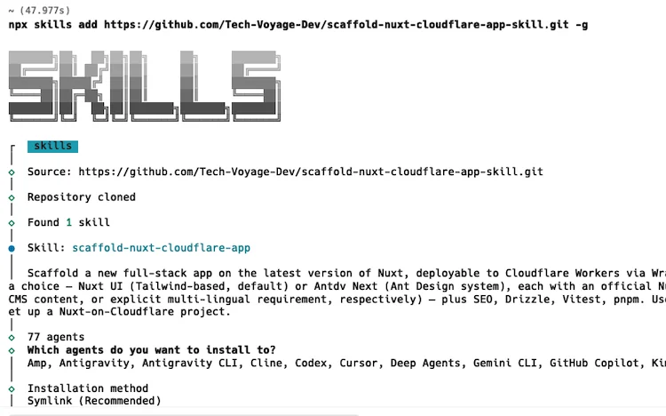 Command line interface showing the installation of the Nuxt scaffolding skill using the npx skills add CLI command
