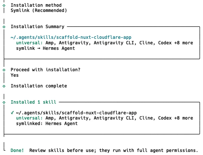Terminal screen displaying the installation summary and symlink setup for the centralized agent skills