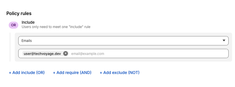 Cloudflare Access policy rule configuration screen with an email address specified as the inclusion criteria.