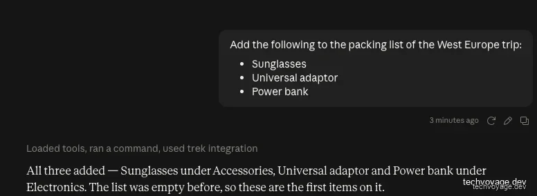 Claude adding packing items using natural language prompts