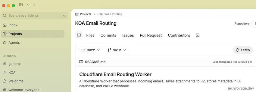 Buzz desktop interface with successfully loaded Git repository details and commit logs