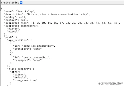 Browser verification showing successful response from self-hosted Block's Buzz relay