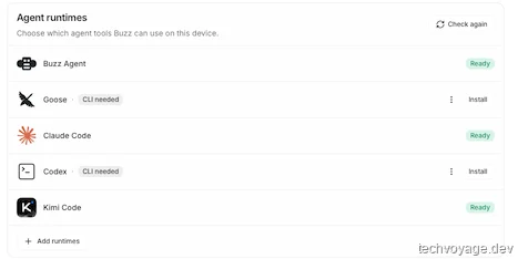 Buzz application settings displaying configured AI Agent runtimes including Kimi