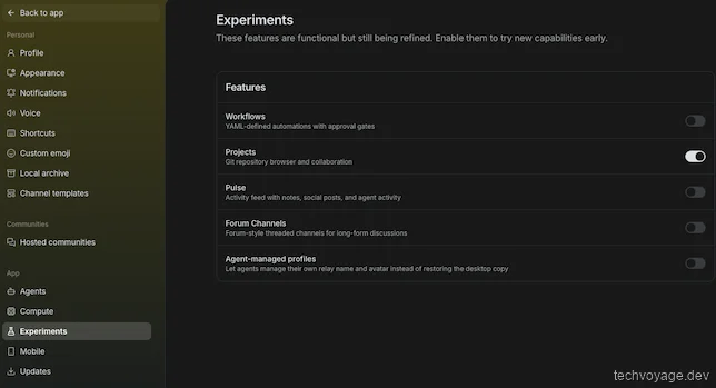 Enabling experimental Projects feature in the Buzz desktop settings tab