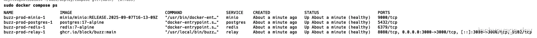 Terminal window displaying running containers for Buzz services via docker compose ps