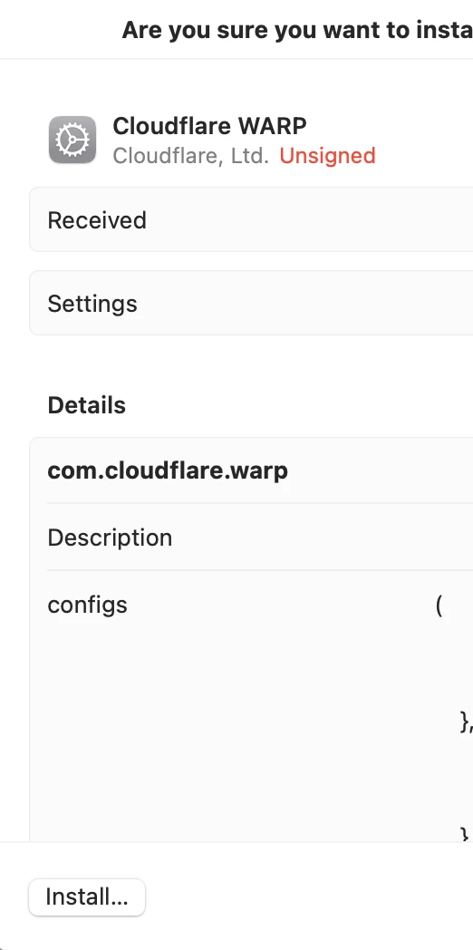 Confirming Cloudflare WARP profile installation on macOS