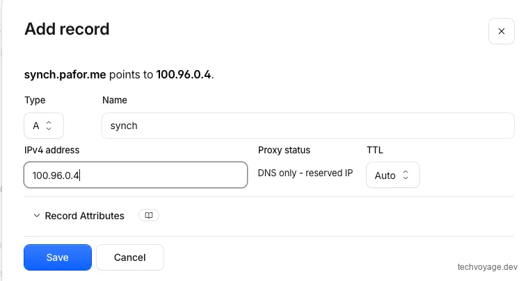 Configuring a DNS A record for the Synch server in Cloudflare