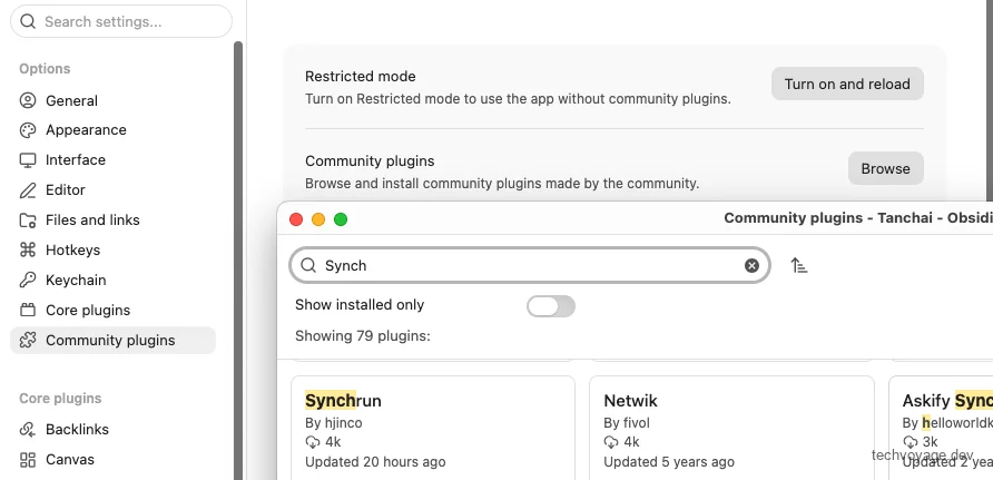 Browsing community plugins in Obsidian settings