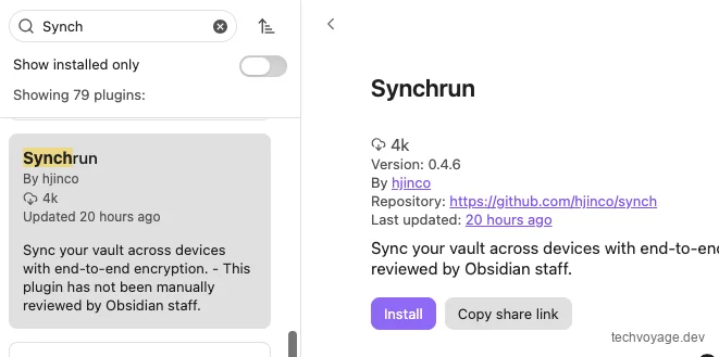Installing the Synchrun plugin in Obsidian
