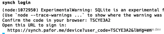 Terminal output showing the authentication URL for Synch CLI