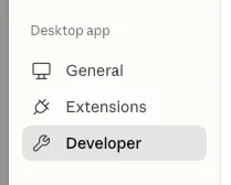 Claude Desktop Developer settings menu to access MCP config