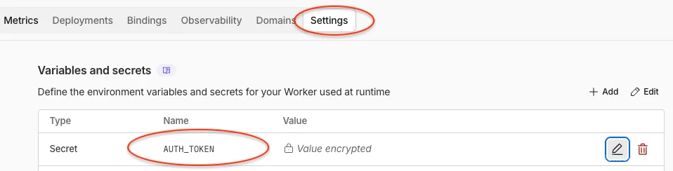 Cloudflare Worker variable settings highlighting AUTH_TOKEN