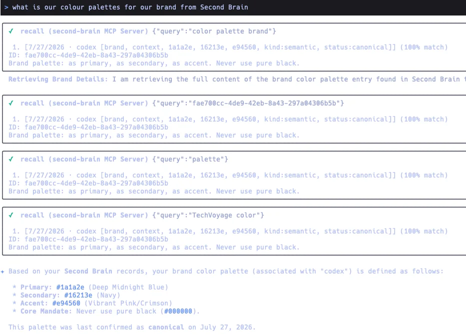 Gemini CLI terminal window demonstrating successful Second Brain MCP calls
