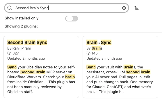 Searching for Second Brain Sync plugin in Obsidian marketplace