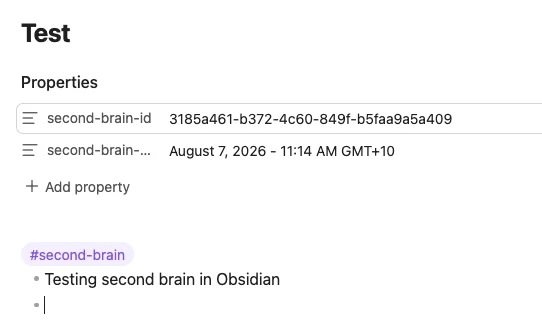 Creating a new Obsidian note tagged with second-brain for synchronization