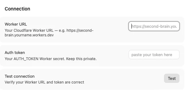 Entering Worker URL and Auth Token in Obsidian plugin settings