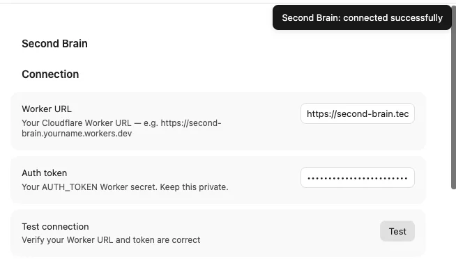 Obsidian plugin connection test showing successful verification