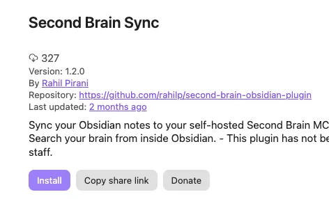 Installing and enabling the Second Brain Sync plugin in Obsidian