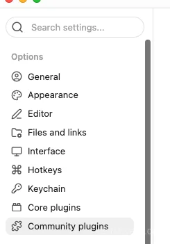 Obsidian settings panel navigating to the Community Plugins section