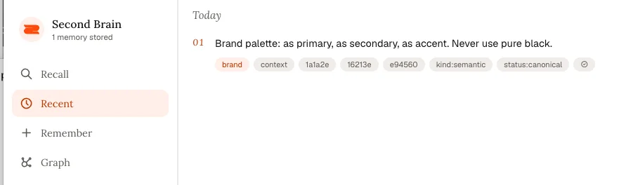 Verifying the saved brand color codes in the Second Brain database Web UI