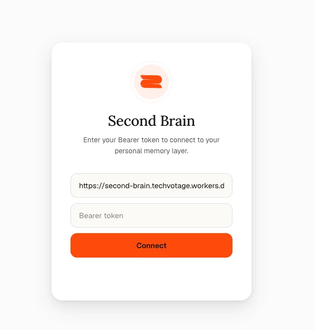 Second Brain Web UI login screen with Bearer Token input